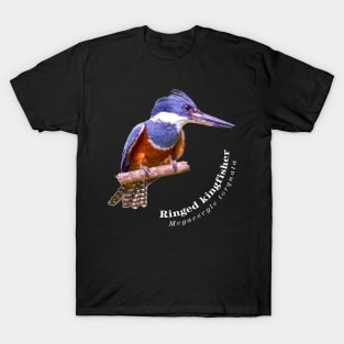 Ringed kingfisher tropical bird pin white text T-Shirt